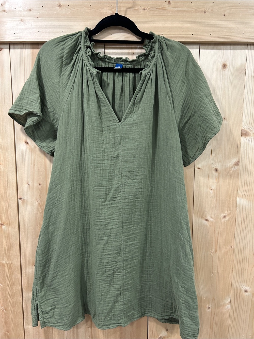 Old Navy Olive Green Crinkle Gauze Split-Neck Mini Swing Dress medium
